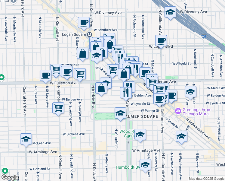 map of restaurants, bars, coffee shops, grocery stores, and more near 3116 West Belden Avenue in Chicago