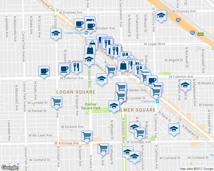 map of restaurants, bars, coffee shops, grocery stores, and more near 3116 West Belden Avenue in Chicago