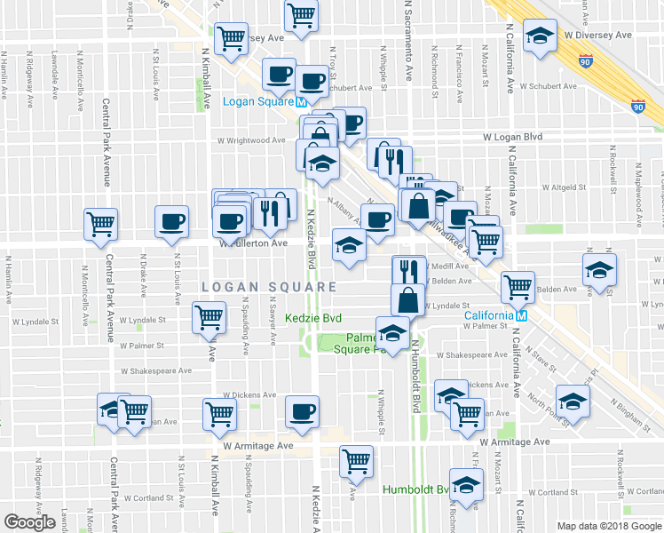 map of restaurants, bars, coffee shops, grocery stores, and more near 2315 North Kedzie Boulevard in Chicago