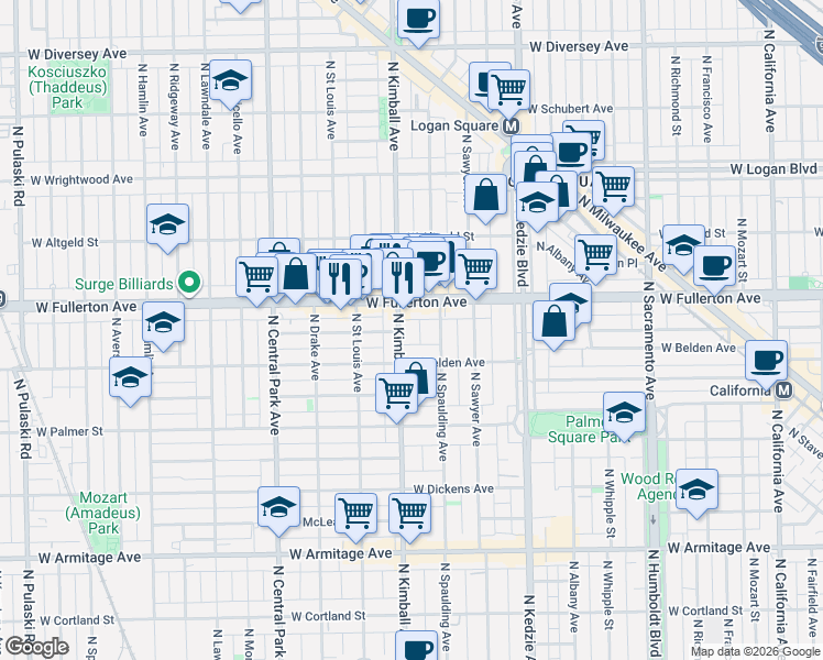 map of restaurants, bars, coffee shops, grocery stores, and more near 2322 North Spaulding Avenue in Chicago