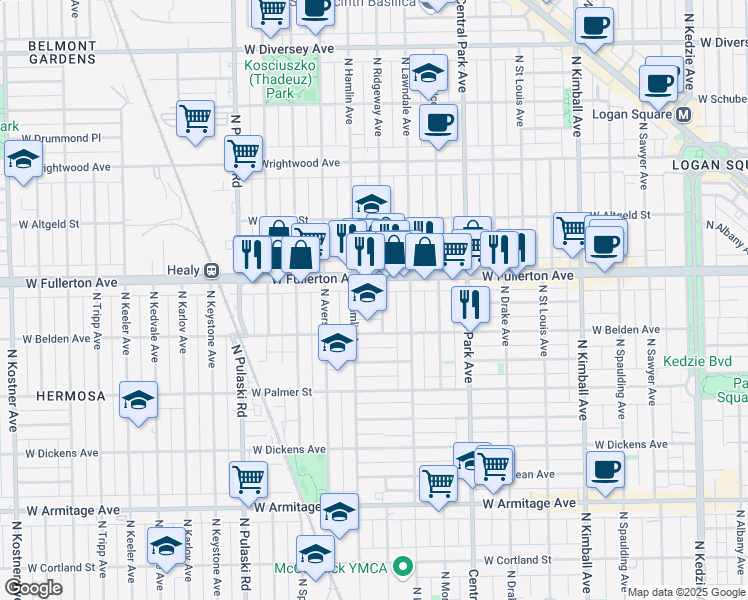 map of restaurants, bars, coffee shops, grocery stores, and more near 2323 North Hamlin Avenue in Chicago