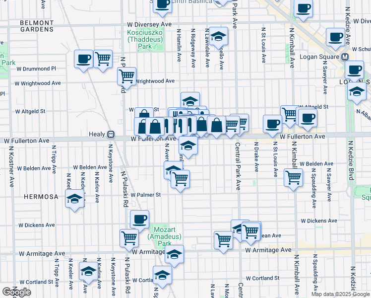 map of restaurants, bars, coffee shops, grocery stores, and more near 2323 North Hamlin Avenue in Chicago