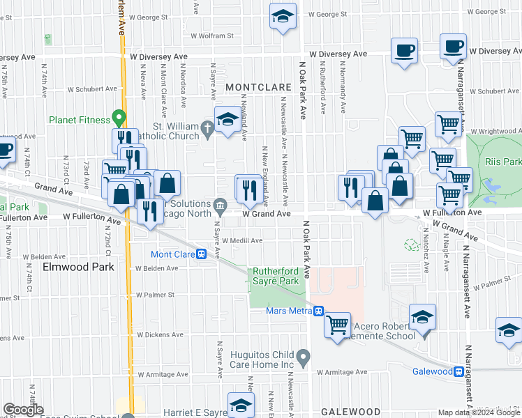 map of restaurants, bars, coffee shops, grocery stores, and more near 6869 West Grand Avenue in Chicago