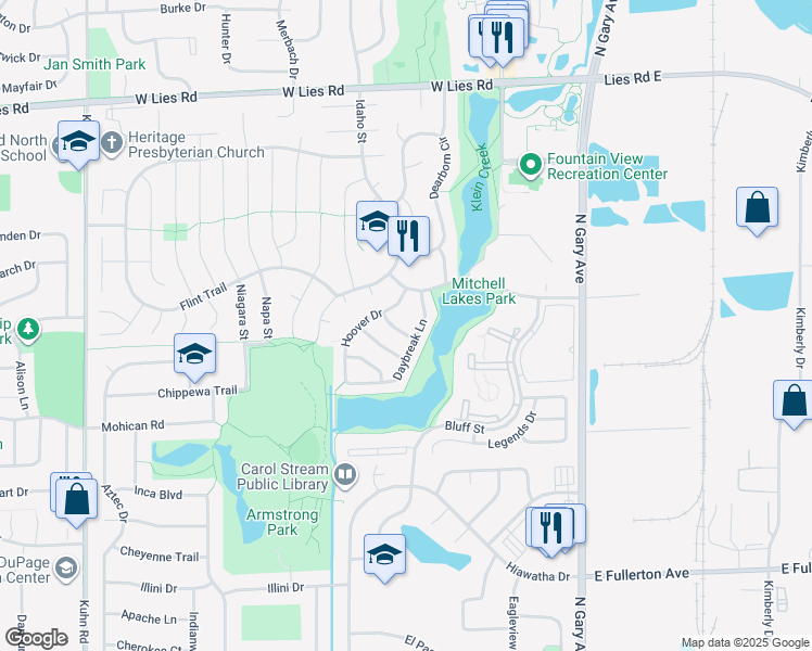 map of restaurants, bars, coffee shops, grocery stores, and more near 262 Allegro Lane in Carol Stream
