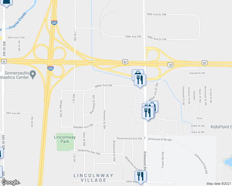map of restaurants, bars, coffee shops, grocery stores, and more near 75 Miller Avenue Southwest in Cedar Rapids