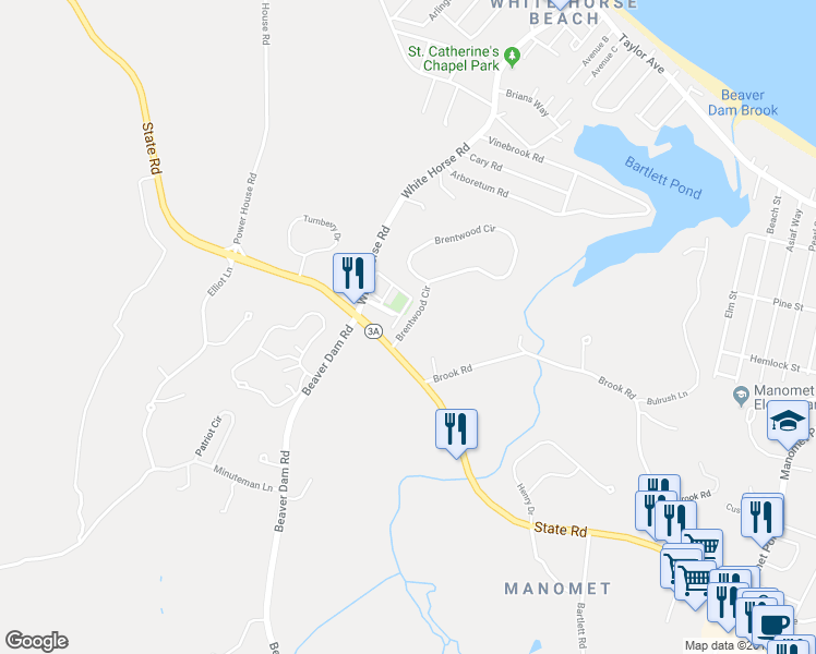 map of restaurants, bars, coffee shops, grocery stores, and more near 35 Brentwood Circle in Plymouth