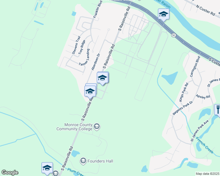 map of restaurants, bars, coffee shops, grocery stores, and more near 1101 South Raisinville Road in Monroe