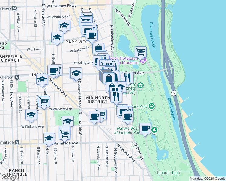 map of restaurants, bars, coffee shops, grocery stores, and more near 2322 North Commonwealth Avenue in Chicago