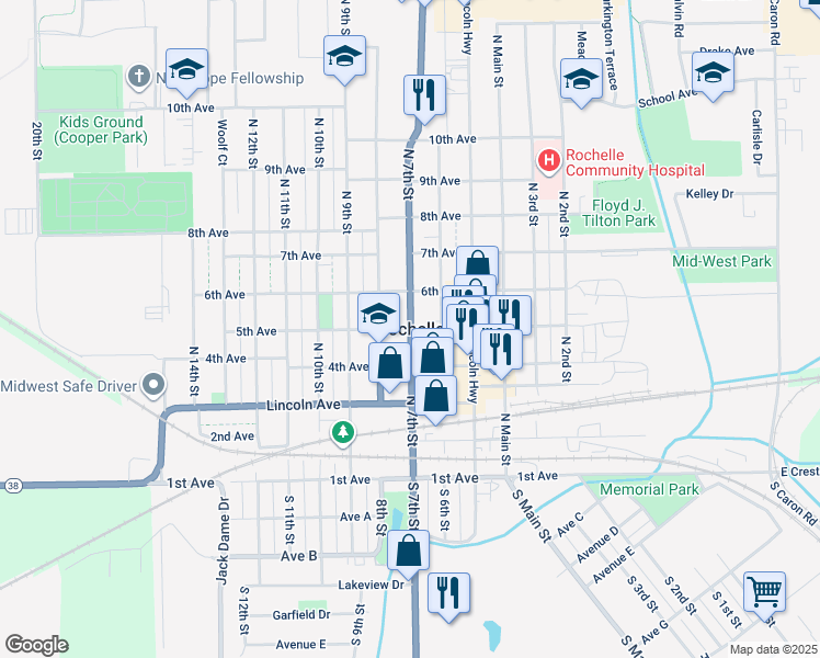 map of restaurants, bars, coffee shops, grocery stores, and more near in Rochelle