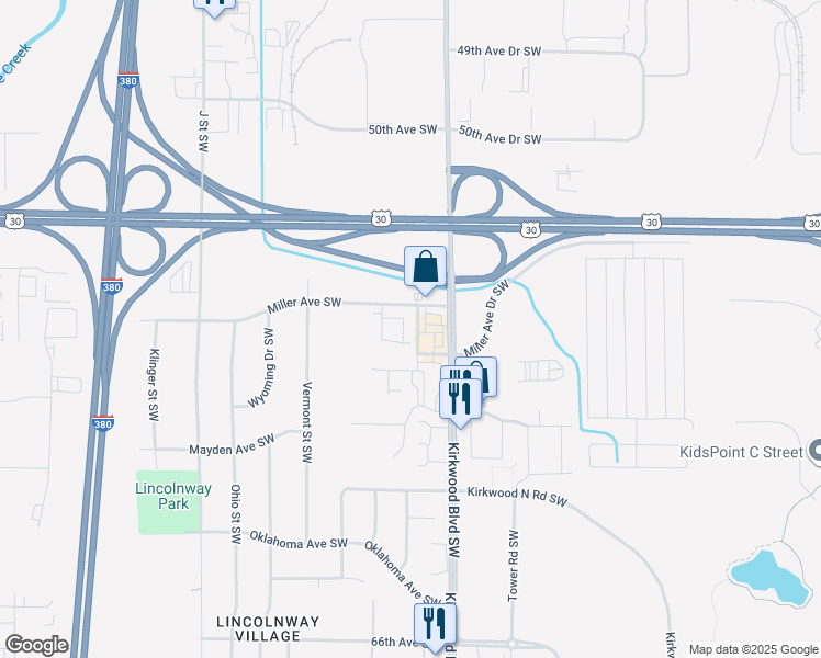 map of restaurants, bars, coffee shops, grocery stores, and more near 53 Miller Avenue Southwest in Cedar Rapids