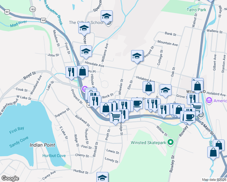 map of restaurants, bars, coffee shops, grocery stores, and more near 81 Rock Street in Winchester