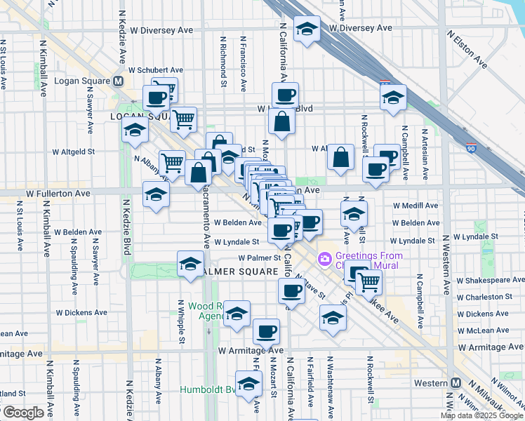 map of restaurants, bars, coffee shops, grocery stores, and more near N Milwaukee Ave & W Medill Ave in Chicago