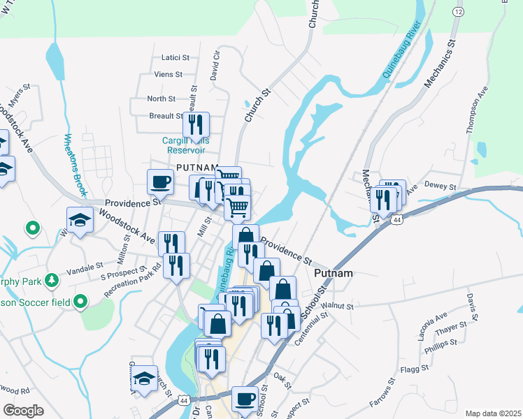 map of restaurants, bars, coffee shops, grocery stores, and more near 137 Providence Street in Putnam