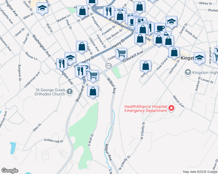 map of restaurants, bars, coffee shops, grocery stores, and more near 45 South Pine Street in Kingston