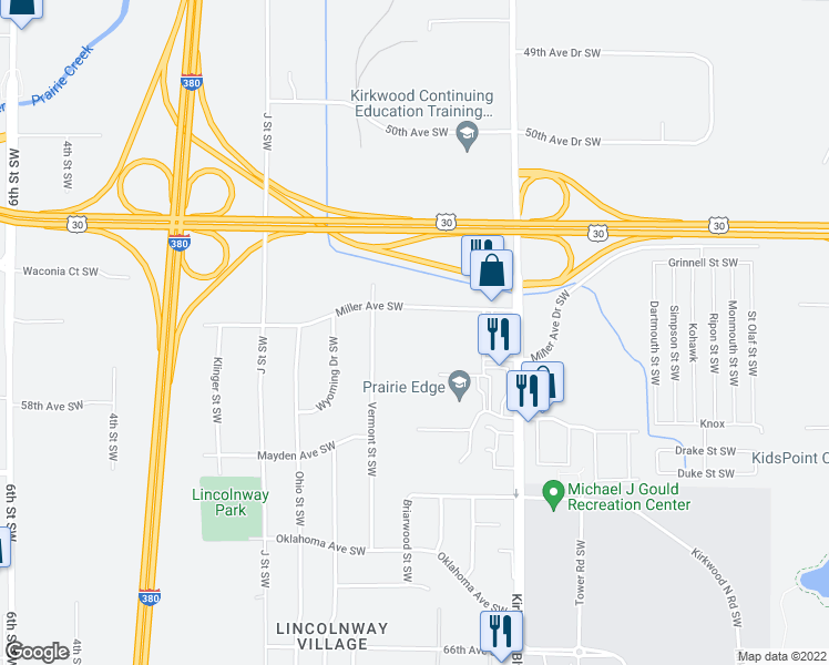 map of restaurants, bars, coffee shops, grocery stores, and more near 75 Miller Avenue Southwest in Cedar Rapids