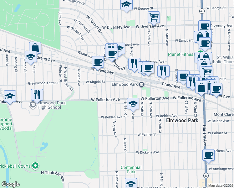 map of restaurants, bars, coffee shops, grocery stores, and more near 2411 North 77th Avenue in Elmwood Park