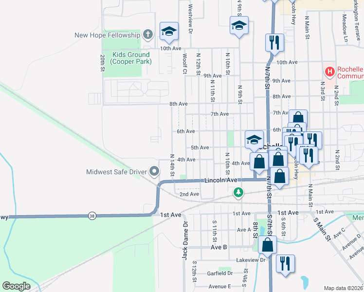 map of restaurants, bars, coffee shops, grocery stores, and more near 427 Woolf Court in Rochelle