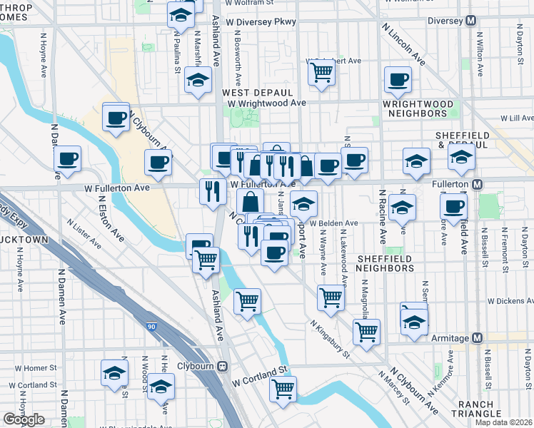 map of restaurants, bars, coffee shops, grocery stores, and more near 2300 North Greenview Avenue in Chicago