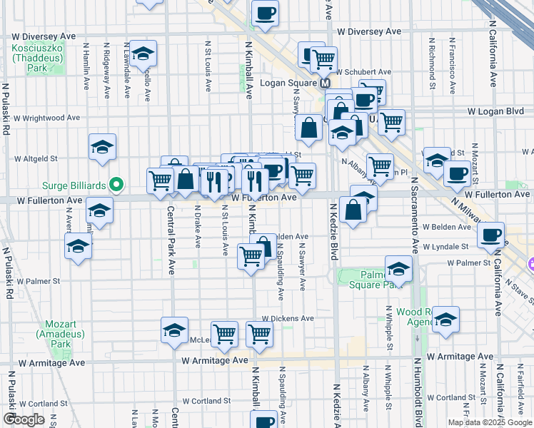 map of restaurants, bars, coffee shops, grocery stores, and more near 2322 North Spaulding Avenue in Chicago