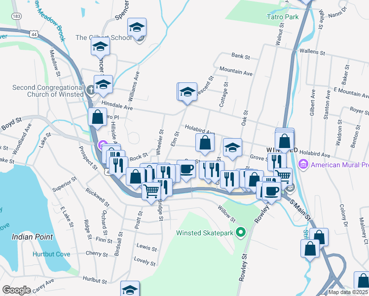 map of restaurants, bars, coffee shops, grocery stores, and more near 16 Perkins Street in Winsted