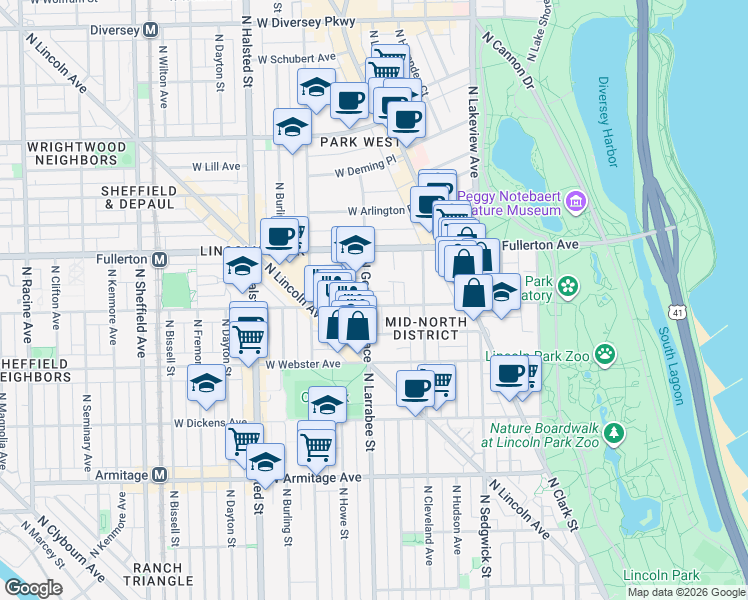 map of restaurants, bars, coffee shops, grocery stores, and more near 551 West Belden Avenue in Chicago
