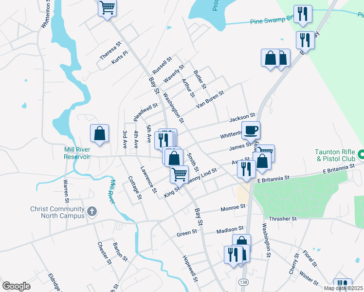 map of restaurants, bars, coffee shops, grocery stores, and more near 194 Whittenton Street in Taunton