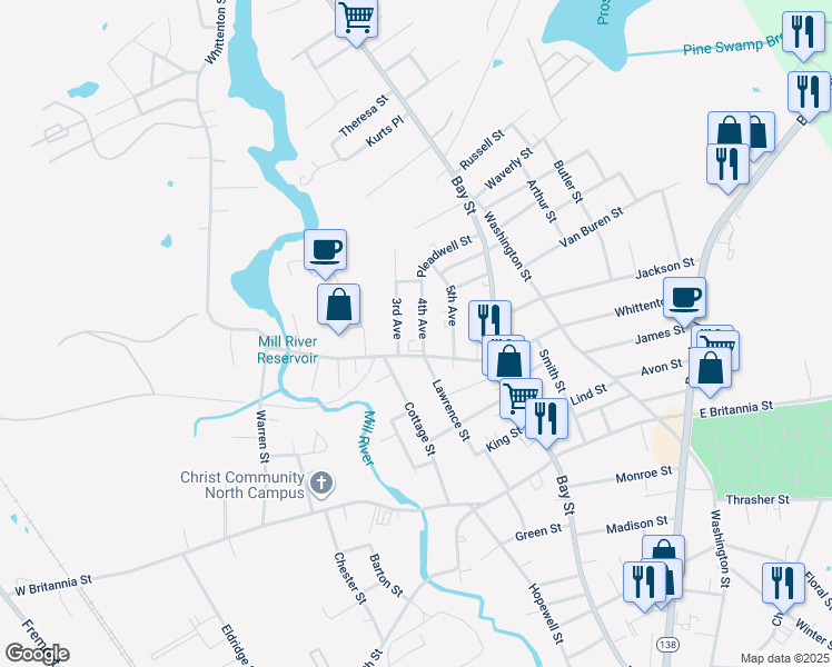 map of restaurants, bars, coffee shops, grocery stores, and more near 311 Whittenton Street in Taunton
