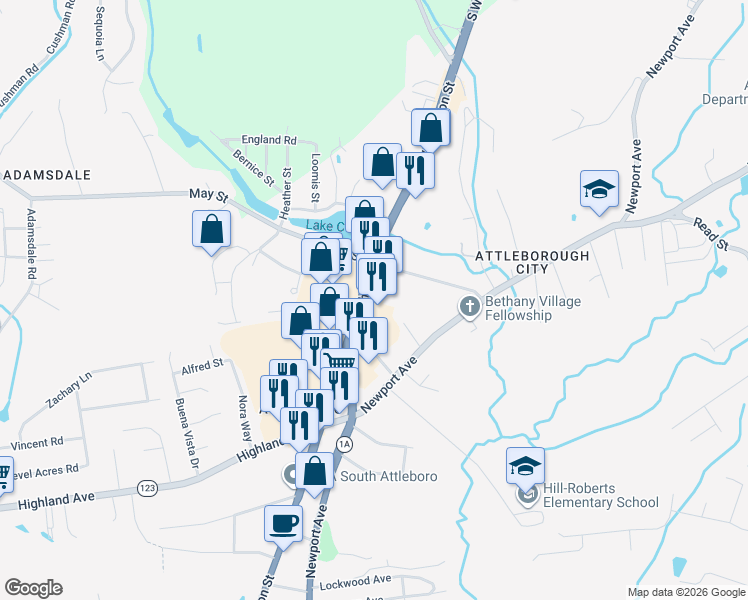 map of restaurants, bars, coffee shops, grocery stores, and more near 230 Washington Street in Attleboro
