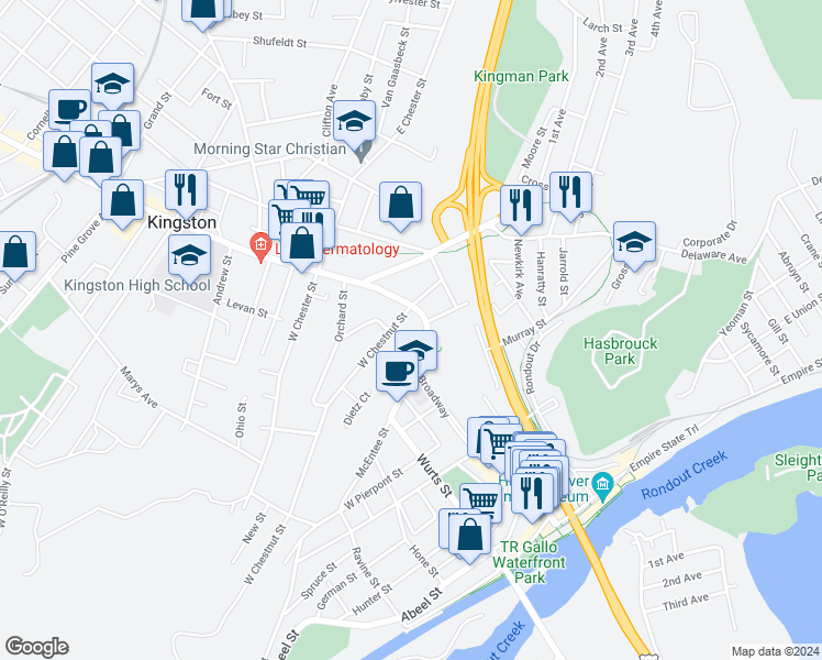 map of restaurants, bars, coffee shops, grocery stores, and more near 30 West Chestnut Street in Kingston