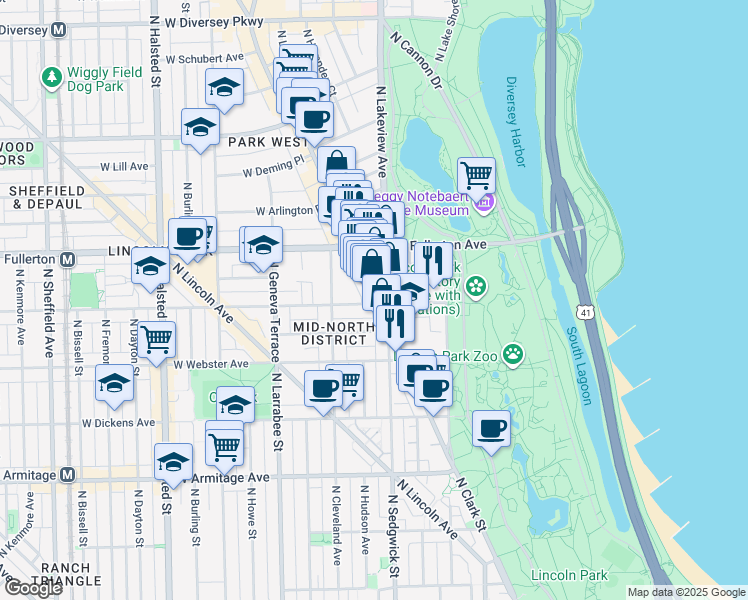 map of restaurants, bars, coffee shops, grocery stores, and more near 401 West Belden Avenue in Chicago