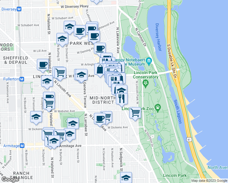 map of restaurants, bars, coffee shops, grocery stores, and more near 431 West Belden Avenue in Chicago