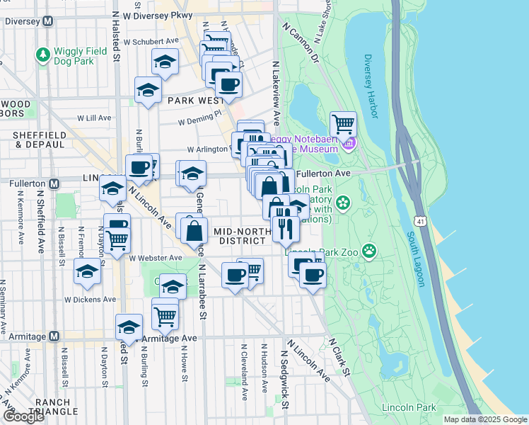 map of restaurants, bars, coffee shops, grocery stores, and more near 437 West Belden Avenue in Chicago
