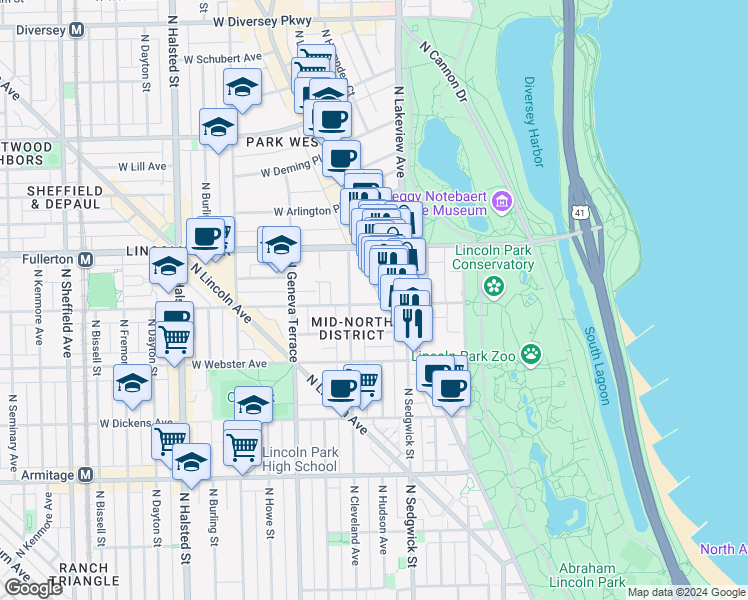 map of restaurants, bars, coffee shops, grocery stores, and more near 431 West Belden Avenue in Chicago