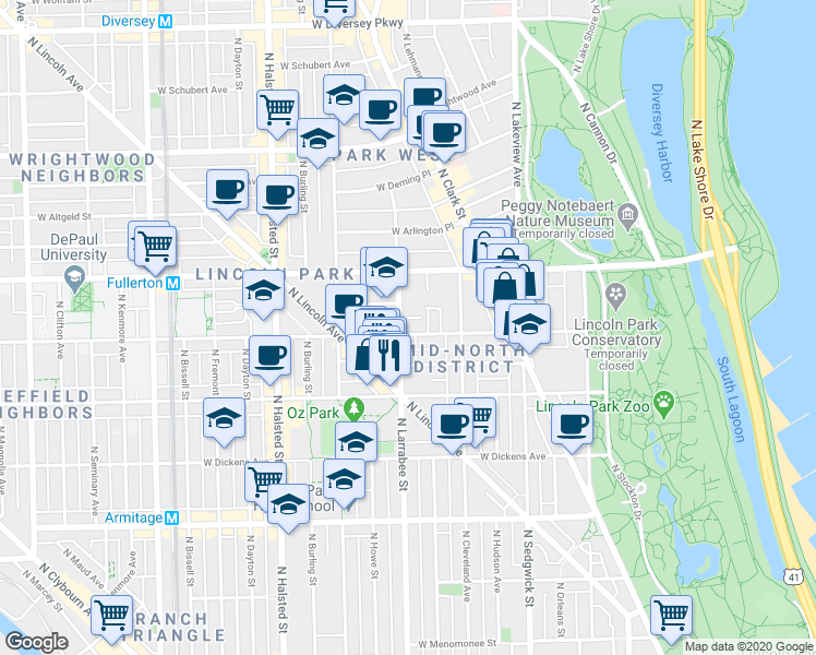 map of restaurants, bars, coffee shops, grocery stores, and more near in Chicago