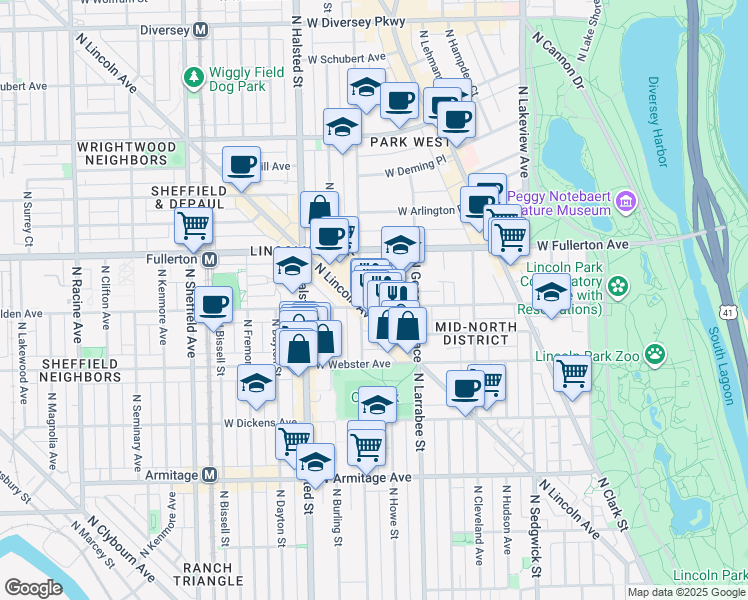 map of restaurants, bars, coffee shops, grocery stores, and more near 629 West Belden Avenue in Chicago