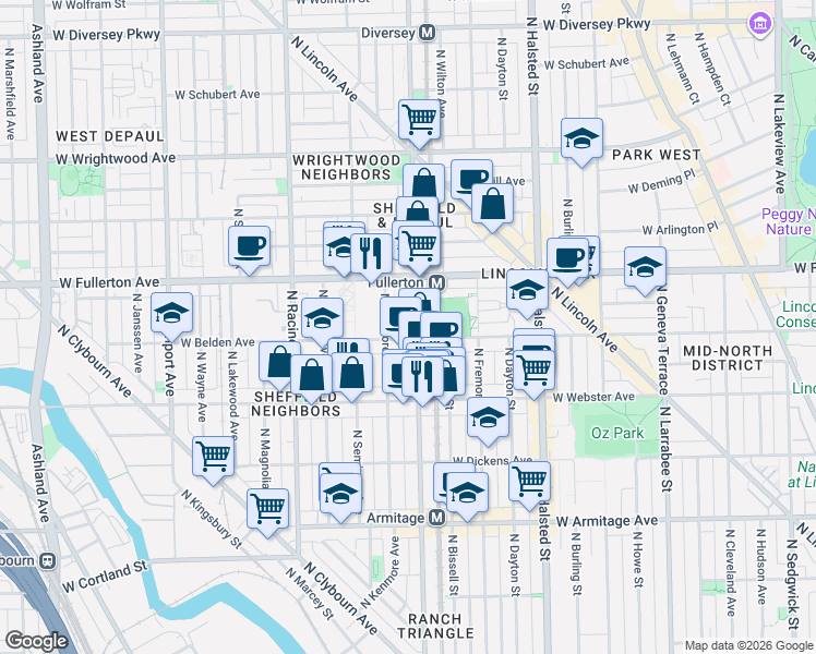 map of restaurants, bars, coffee shops, grocery stores, and more near 1000 West Belden Avenue in Chicago