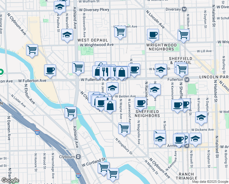 map of restaurants, bars, coffee shops, grocery stores, and more near 2311 North Southport Avenue in Chicago