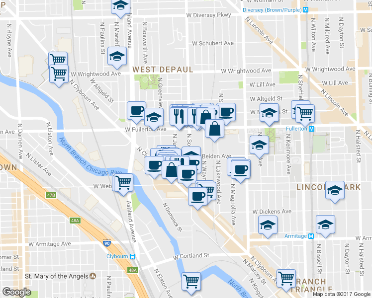 map of restaurants, bars, coffee shops, grocery stores, and more near 2311 North Southport Avenue in Chicago