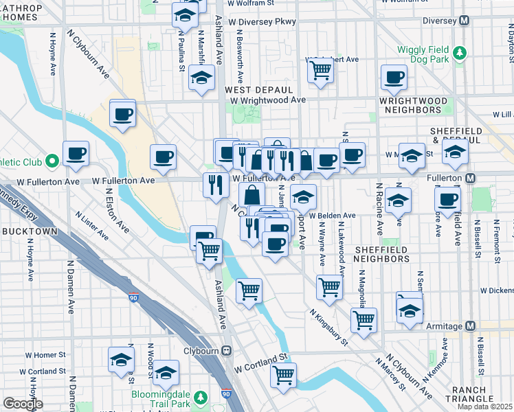 map of restaurants, bars, coffee shops, grocery stores, and more near 2300 North Greenview Avenue in Chicago