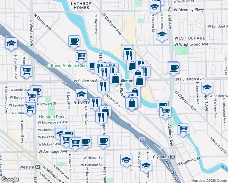 map of restaurants, bars, coffee shops, grocery stores, and more near 2333 North Lister Avenue in Chicago