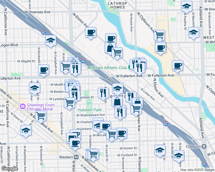 map of restaurants, bars, coffee shops, grocery stores, and more near 2327 North Leavitt Street in Chicago