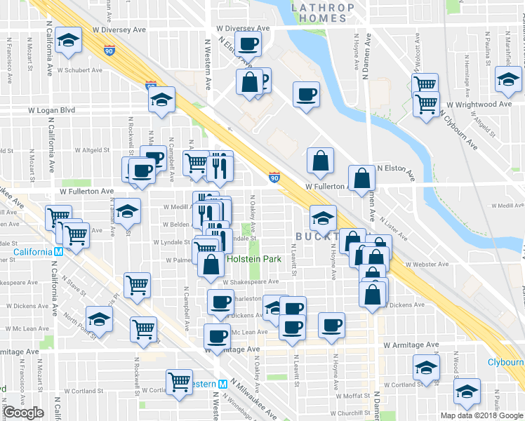 map of restaurants, bars, coffee shops, grocery stores, and more near 2232 West Belden Avenue in Chicago