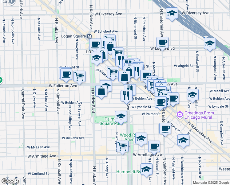 map of restaurants, bars, coffee shops, grocery stores, and more near 3030 West Belden Avenue in Chicago
