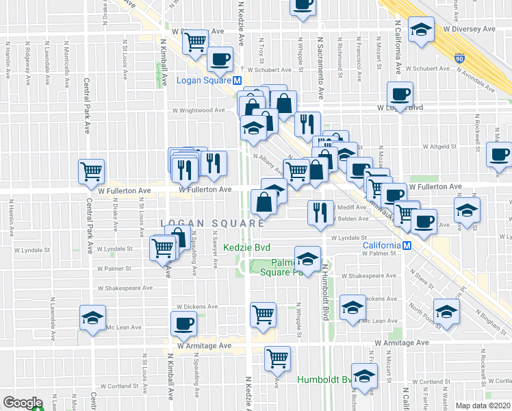 map of restaurants, bars, coffee shops, grocery stores, and more near 2315 North Kedzie Boulevard in Chicago
