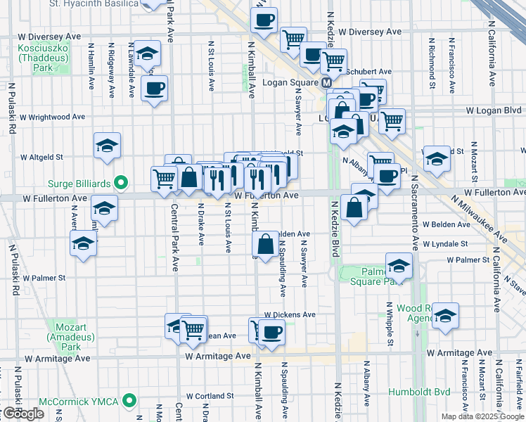 map of restaurants, bars, coffee shops, grocery stores, and more near 2322 North Spaulding Avenue in Chicago