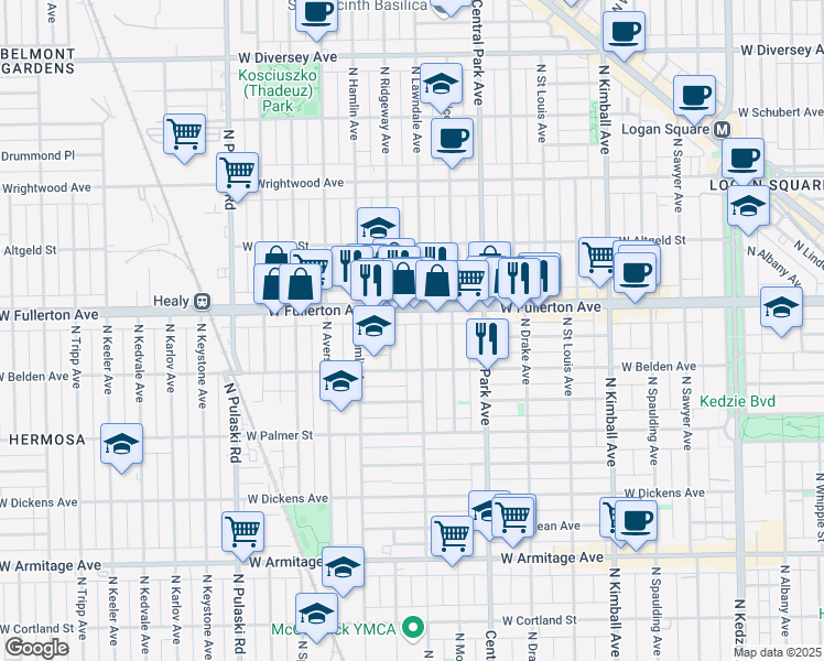 map of restaurants, bars, coffee shops, grocery stores, and more near 2327 North Ridgeway Avenue in Chicago