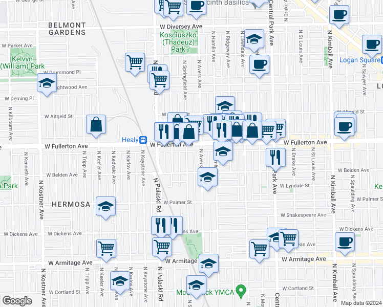 map of restaurants, bars, coffee shops, grocery stores, and more near 2324 North Springfield Avenue in Chicago