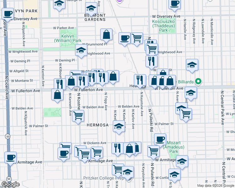 map of restaurants, bars, coffee shops, grocery stores, and more near 2326 North Keeler Avenue in Chicago
