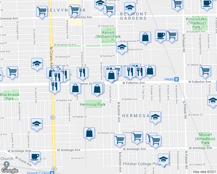 map of restaurants, bars, coffee shops, grocery stores, and more near 2330 North Kenneth Avenue in Chicago