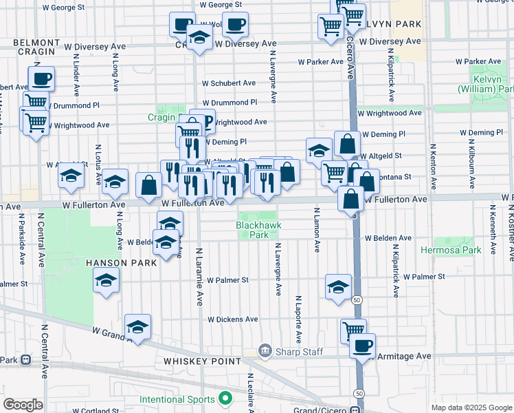 map of restaurants, bars, coffee shops, grocery stores, and more near 5045 West Fullerton Avenue in Chicago